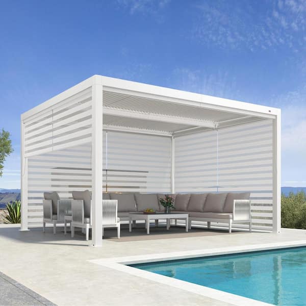11 ft. x 13 ft. White Aluminum Louvered Pergola with Adjustable Sunshade Roofs and 1-Long 2-Short Side Roller Shade