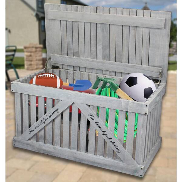 Gardenised Rustic Gray Wooden Outdoor Deck Box in Patio Storage Trunk