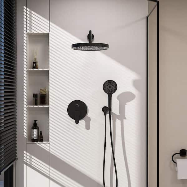 Roun Single-Handle 3-Spray 10 in. Rain Shower Head Round High Pressure Shower Faucet in Matte Black (Valve Included)