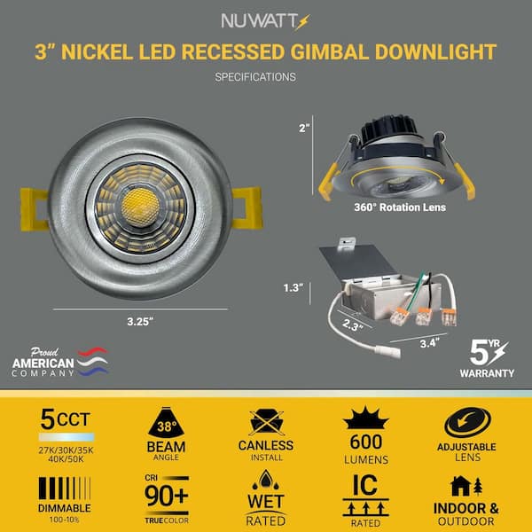3 in. Canless Nickel Round Gimbal Integrated LED Recessed Light Kit 5 CCT 2700K - 5000K New Construction (16-Pack)