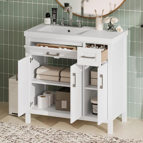 36 in. Freestanding White Bath Vanity with White Ceramic Top & 2 Drawers Unassembled
