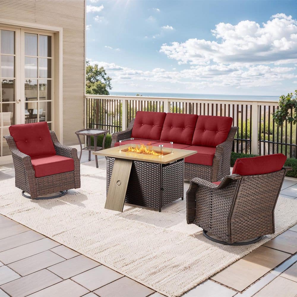 Arcus 5-Piece Wicker Patio Conversation Set with Fire Pit Table and Swivel Glider Chairs with Red Cushions price history on PriceWatchPro