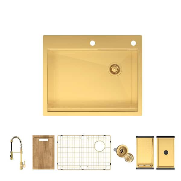 27 in. Drop-In Single Bowl 18-Gauge Gold Stainless Steel Workstation Kitchen Sink with Waterfall and Spring Neck Faucet