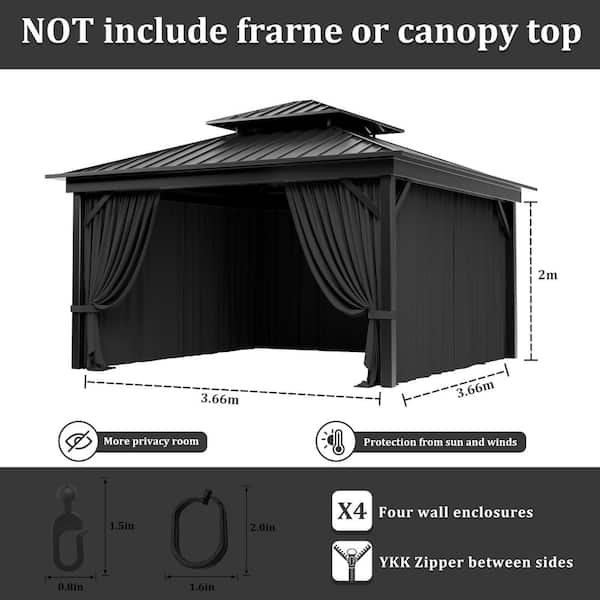 12 ft. x 12 ft. Universal Outdoor Privacy Curtains, Gazebo Curtain Replacement with Zipper Black (4-Side Curtain Only)