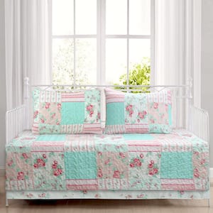 Tiffany Pink Garden 7-Piece Floral Pink White Microfiber Polyester Twin Daybed Bedding with Decor Pillows Quilt Set