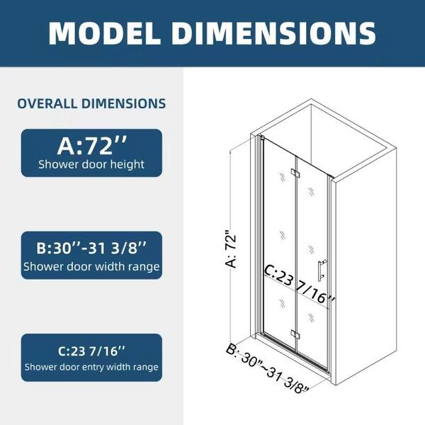 ANGELES HOME 36-37 3/8 in. W x 72 in. H Bi-Fold Semi-Frameless Shower Door in Chrome Finish with 1/4 in. Tempered Clear Glass