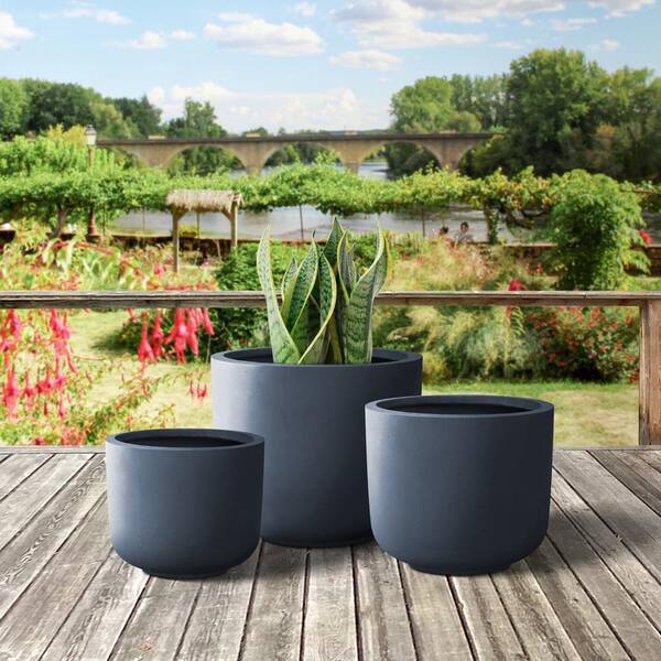 Matt Black Plant Pots Garden Planters Set 3 Indoor Outdoor Ceramic Flower  Pots Round with Saucers