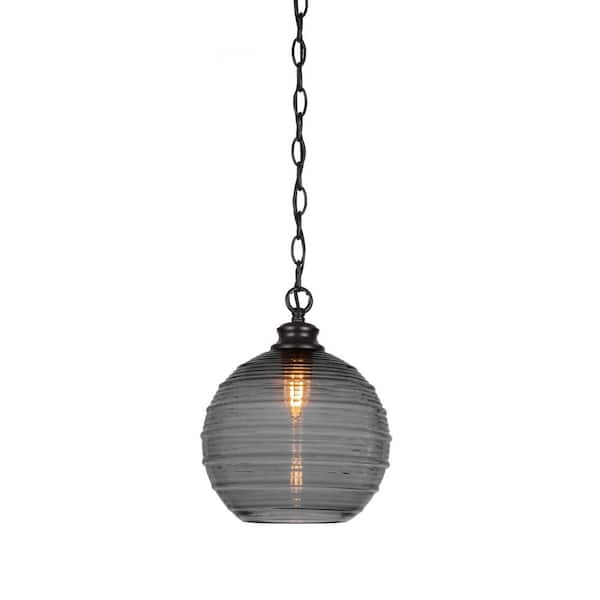 Unbranded Langdale 60-Watt 1-Light Matte Black Shaded Pendant Light with 10 in. Smoke Ribbed Glass Shade, No Bulb Included