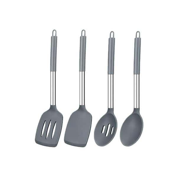 Gray Silicone Cooking Utensils Set 4-Pack Non-Stick Solid Spatulas Slotted Spoons Kitchen Turners for Frying Mixing