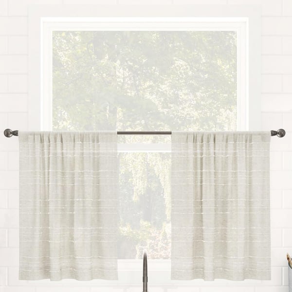 CLEAN WINDOW Aya Textured Slub Stripe Linen Blend 52 in. W x 36 in. L Sheer Rod Pocket Kitchen Curtain Tier Pair in Linen