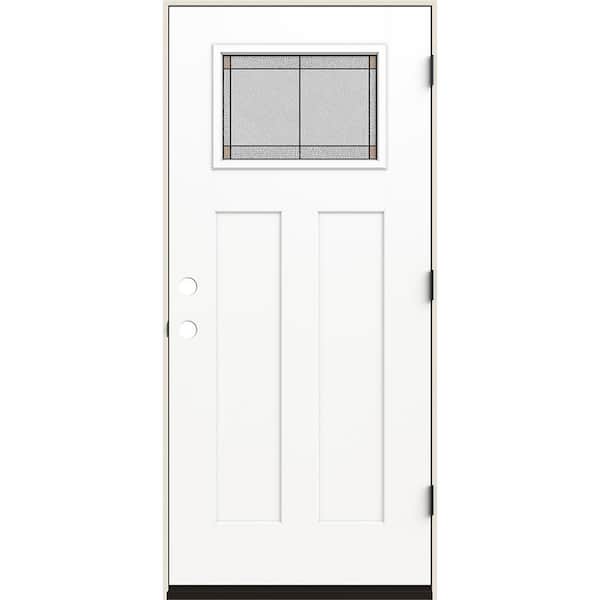 36 in. x 80 in. Left-Hand 1/4 Lite Craftsman Ballantyne Decorative Glass Modern White Fiberglass Prehung Front Door