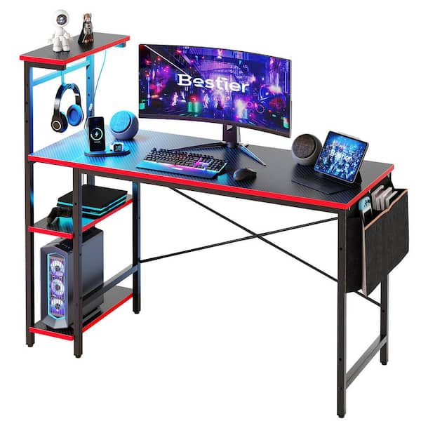 Bestier 44 in. Computer Desk with LED Lights Gaming Desk, 4 Tier Shelves  Black Carbon Fiber D471Z-GAMD - The Home Depot