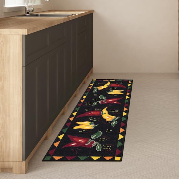 Ottomanson Cookery Collection Non-Slip Rubberback Hot Peppers Design 2x5 Kitchen Rug, 1 ft. 8 in. x 4 ft. 11 in., Black Peppers