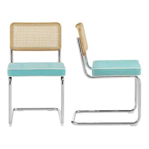 SIASY Light Blue Fabric Accent Cane Side Chair with Metal Frame Set of 2