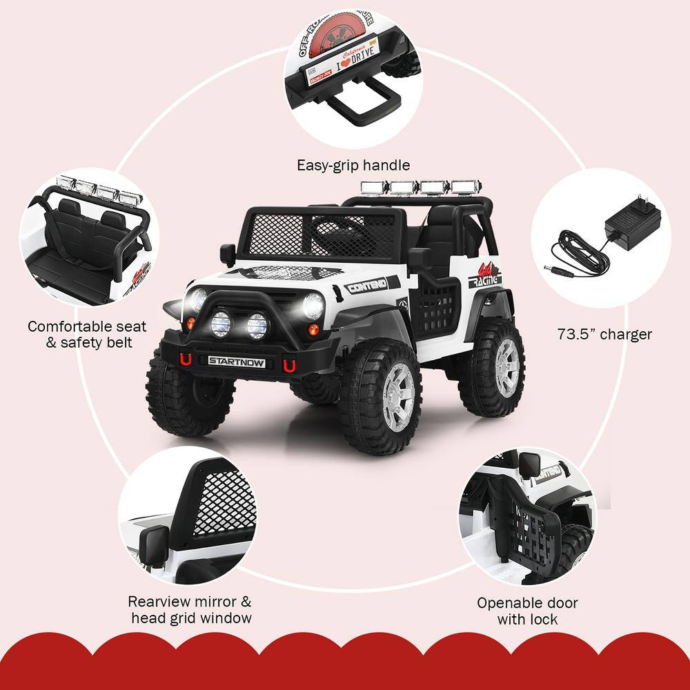 White 12V Kids Ride-On Truck with Remote Control and LED Lights