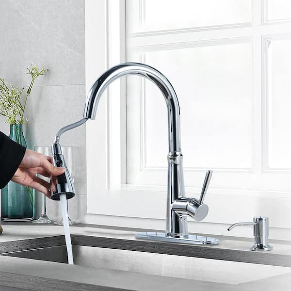 15.4 in. 3-Mode Single Handle Pull Down Sprayer Kitchen Faucet with Soap Dispenser and 360° Swivel Spout in Chrome