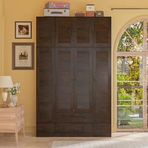 Brown Wood 59 in. W Shutter Doors Armoires Wardrobe with Drawers, Hanging Rod, Top Cabinets (94.5 in. H x 19 in. D)