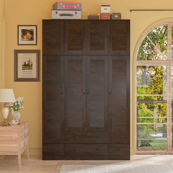 FUFU&GAGA Brown Wood 59 in. W Shutter Doors Armoires Wardrobe with Drawers, Hanging Rod, Top Cabinets (94.5 in. H x 19 in. D)