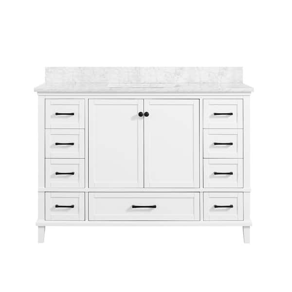 Merryfield 49 in. White Bath Vanity with Carrara Marble Top and 24 in. x 32 in. White Framed Mirror Combo