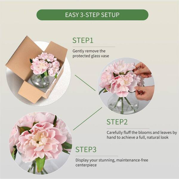 9.8 in. Pink Artificial Peonies Floral Arrangement in Glass Vase