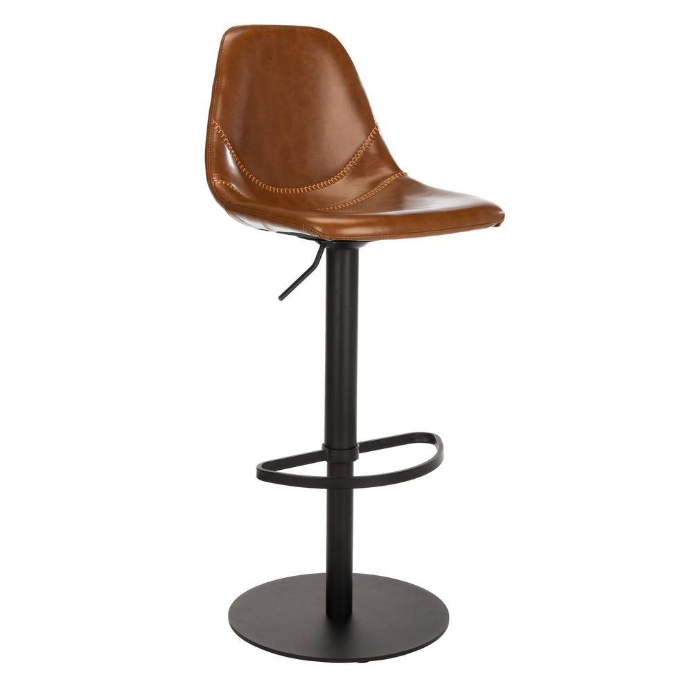 Cognac and Black Adjustable Swivel Bar Stool with Faux Leather