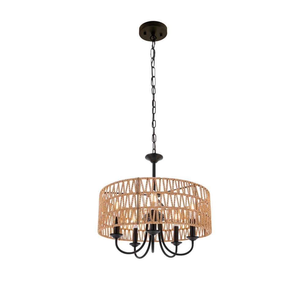 40-Watt 5-Light Black Bohemia Pendant Light with Brown Woven Shade and Adjustable Height, No Bulbs Included price history on PriceWatchPro