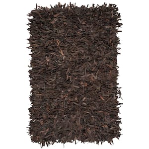 Leather Shag Dark Brown Doormat 3 ft. x 5 ft. Solid Area Rug