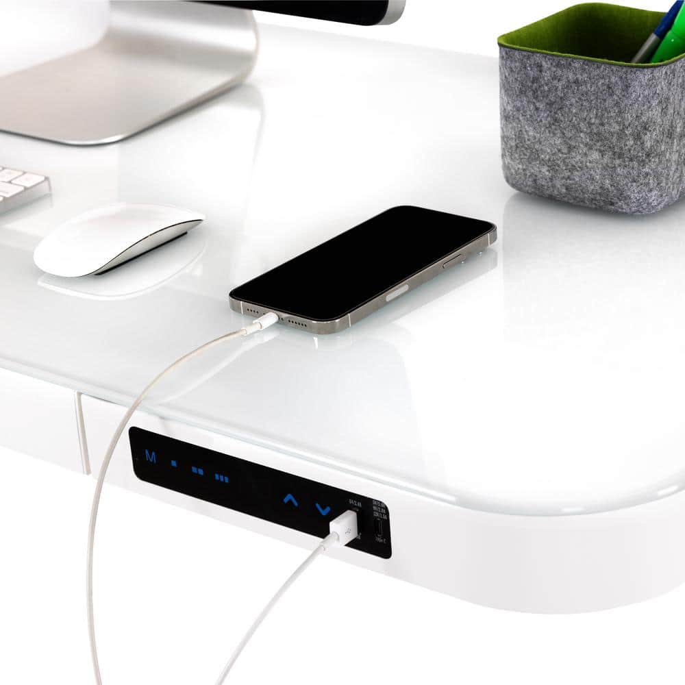 White Adjustable Height Glass Standing Desk with USB Ports and Drawer