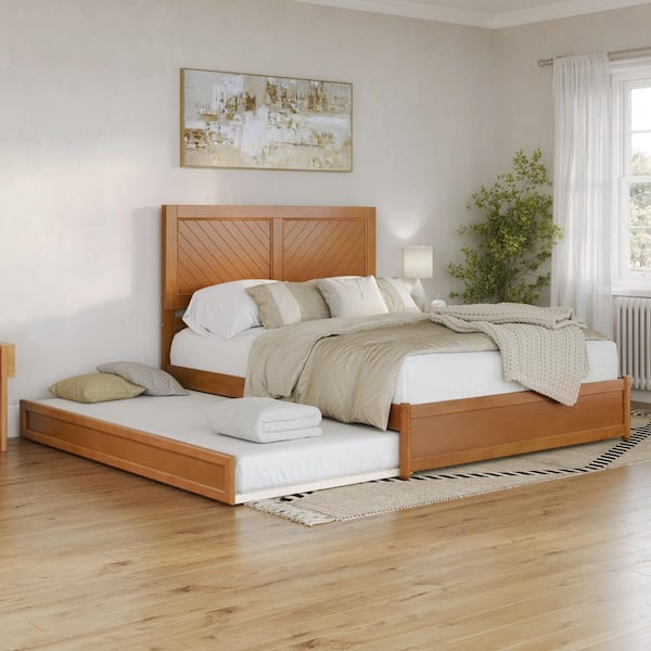 Clayton Light Toffee Natural Bronze Solid Wood Frame Queen Platform Bed with Panel Footboard and Twin XL Trundle