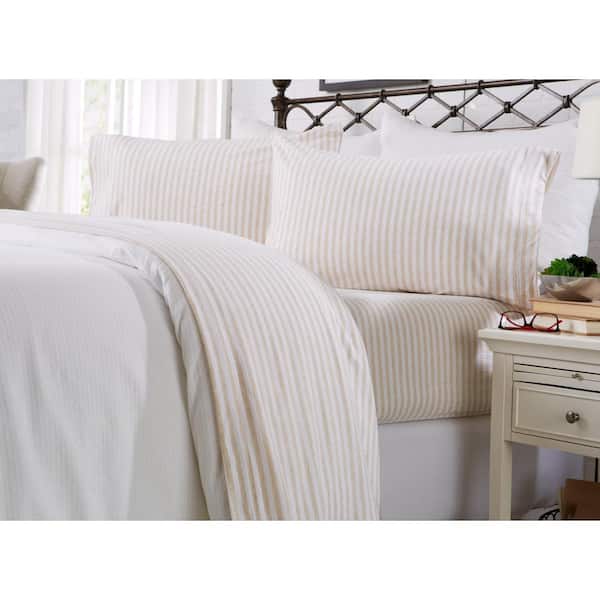 FRESHFOLDS 4-Piece Beige Stripe Jersey Knit Cotton Queen Deep Pocket Sheet Set