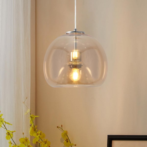1-Light Chrome Globe Adjustable Hanging Pendant Light with Amber Class Shaded for Living Room, No Bulbs Included