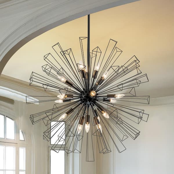 RRTYO Ellis 33.8 in.W 18-Light Black Modern Metal Sputnik Sphere Chandelier Geometric Cluster Starburst Firework Pendant Light