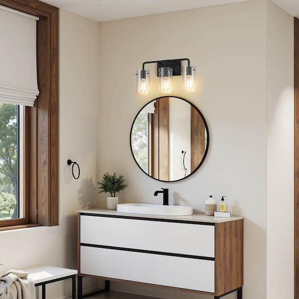 18 in. Industrial 3-Light Matte Black Farmhouse Vanity Light with Glass Shades for Bathroom