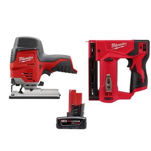 M12 12V Lithium-Ion Cordless Jig Saw with M12 3/8 in. Crown Stapler and 6.0 Ah XC Battery Pack