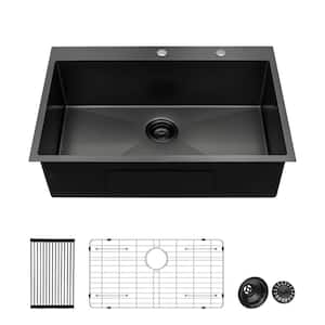28 in. Drop-In Single Bowl 16-Gauge Gunmetal Black Stainless Steel Kitchen Sink with Drain Assembly and Drying Rack