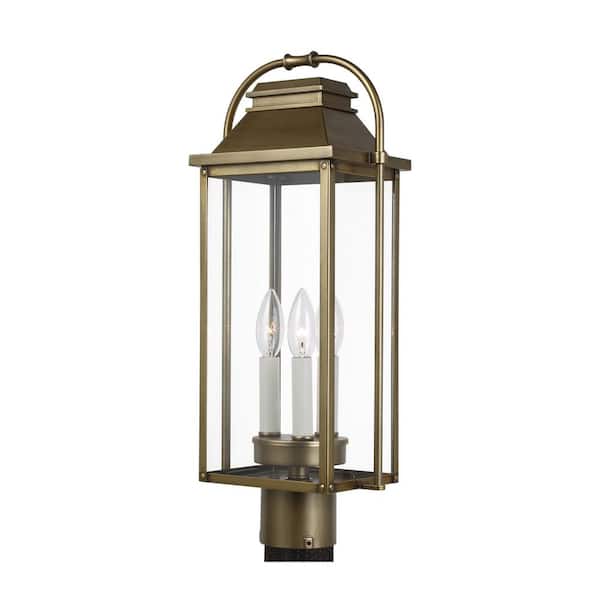 Generation Lighting Wellsworth 3-Light Painted Distressed Brass Outdoor Lamp Post Light