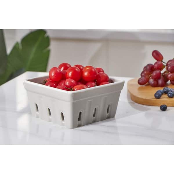 2-Piece Gray and Light Green Rustic Ceramic Square Fruit Bowls Ceramic Berry Basket for Kitchen Fruit Washing Set