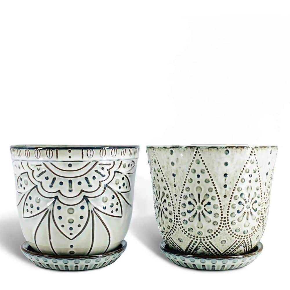 2-Set, 2 Qt. Beaded Ceramic Planter with Drainage Hole and Saucer (5.9 in. W x 6 in. H), Indoor-Outdoor, Smoked Gray price history on PriceWatchPro