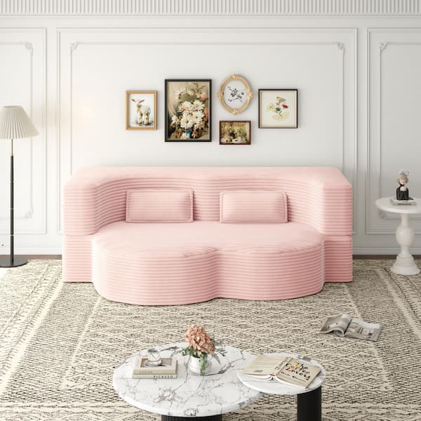 78 in. W Square Arm Corduroy Rectangle Floor Sofa in Baby Pink with 2 Pillows, Compressed and No Assembly