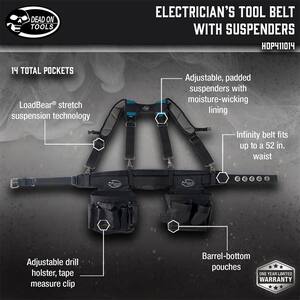 Professional Electrician's Work Tool Belt Tool Storage Suspension Rig with LoadBear Suspenders and 2 Pouches in Black