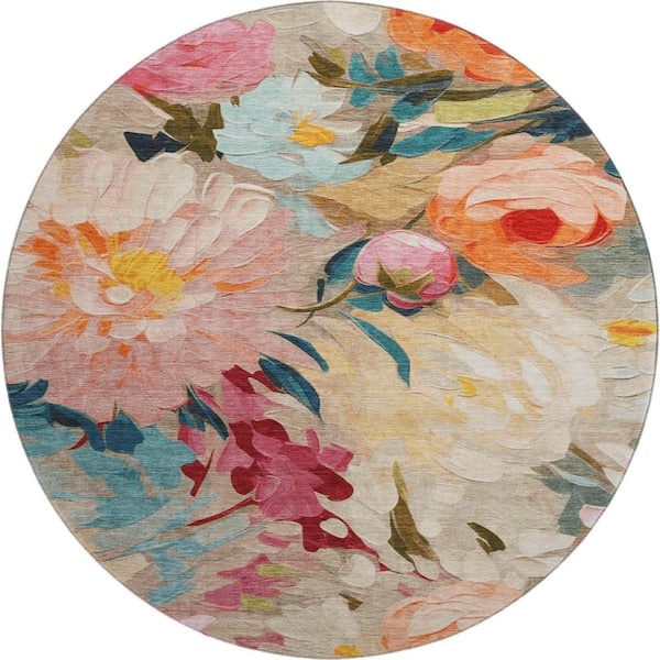 Mayfield Premium Machine Washable Abstract AMF2264 Putty 8 ft. x 8 ft. Round Rug