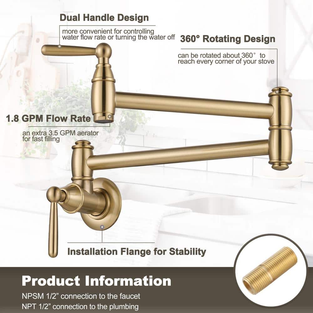 Brushed Gold Brass Wall Mounted Double Handle Pot Filler