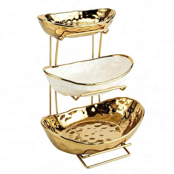 1 Piece Gold Ceramic 3 Tier Fruit Bowls for Kitchen with Metal Stand, Vegetable Bread Candy Snack Nuts Dessert Cake Tray