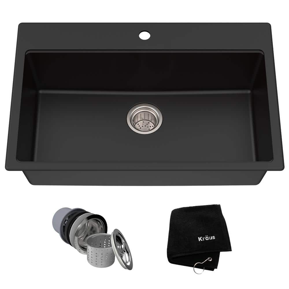 KRAUS Drop-in/Undermount Granite Composite 31 in. 1- Hole Single Bowl Kitchen Sink Kit in Black KGD-412B Sansujyuku sansujyuku.com