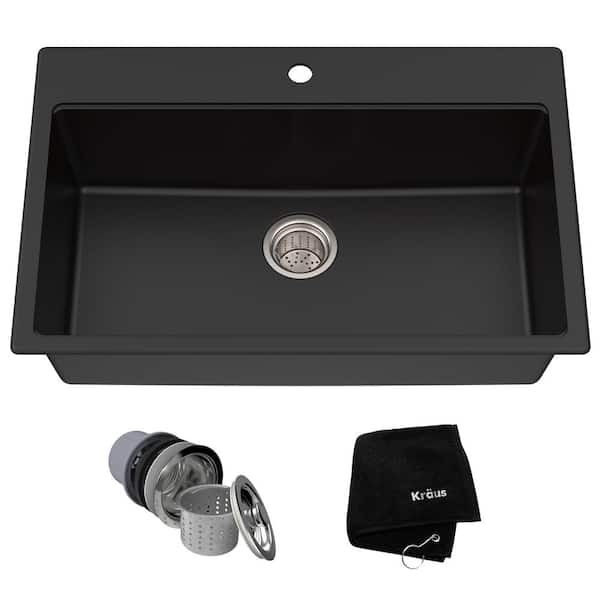 KRAUS Drop-in/Undermount Granite Composite 31 in. 1- Hole Single Bowl Kitchen Sink Kit in Black