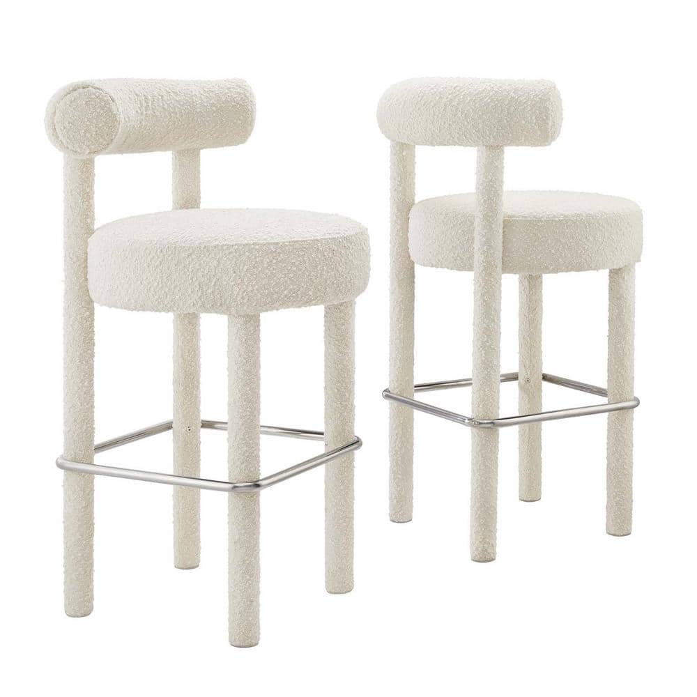 Ivory Boucle Fabric Bar Stool with Metal Stretcher, 30" Seat Height