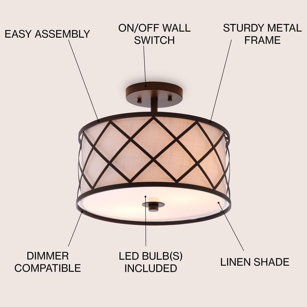 Transitional Elegance 13.25" Bronze LED Flush Mount with White Linen Shade