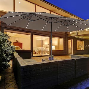 15 ft. Twin Patio Double-Sided Steel Market 48 Solar LED Lights Crank Patio Umbrella in Coffee