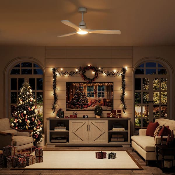 52 in. Smart Indoor All White Low Profile Downrod Propeller Semi Ceiling Fan with Integrated LED for Living Room Bedroom