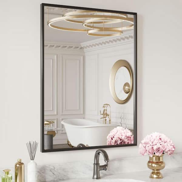 24 in. W. x 32 in. H Rectangular Framed French Cleat Wall Mounted Tempered Glass Bathroom Vanity Mirror in Matte Black